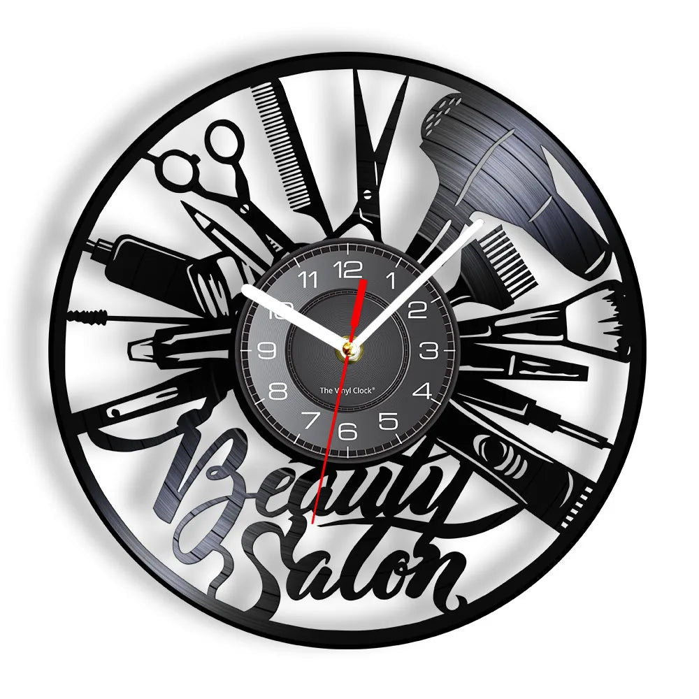 Horloge Murale RétroVinyle Noir Coiffure Stylistes