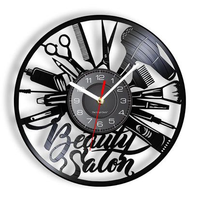 Horloge Murale RétroVinyle Noir Coiffure Stylistes