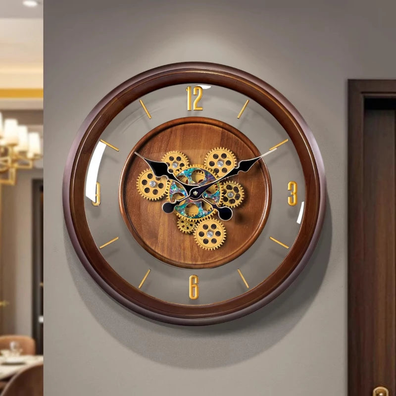 Horloge murale en bois de luxe avec engrenages finition bois