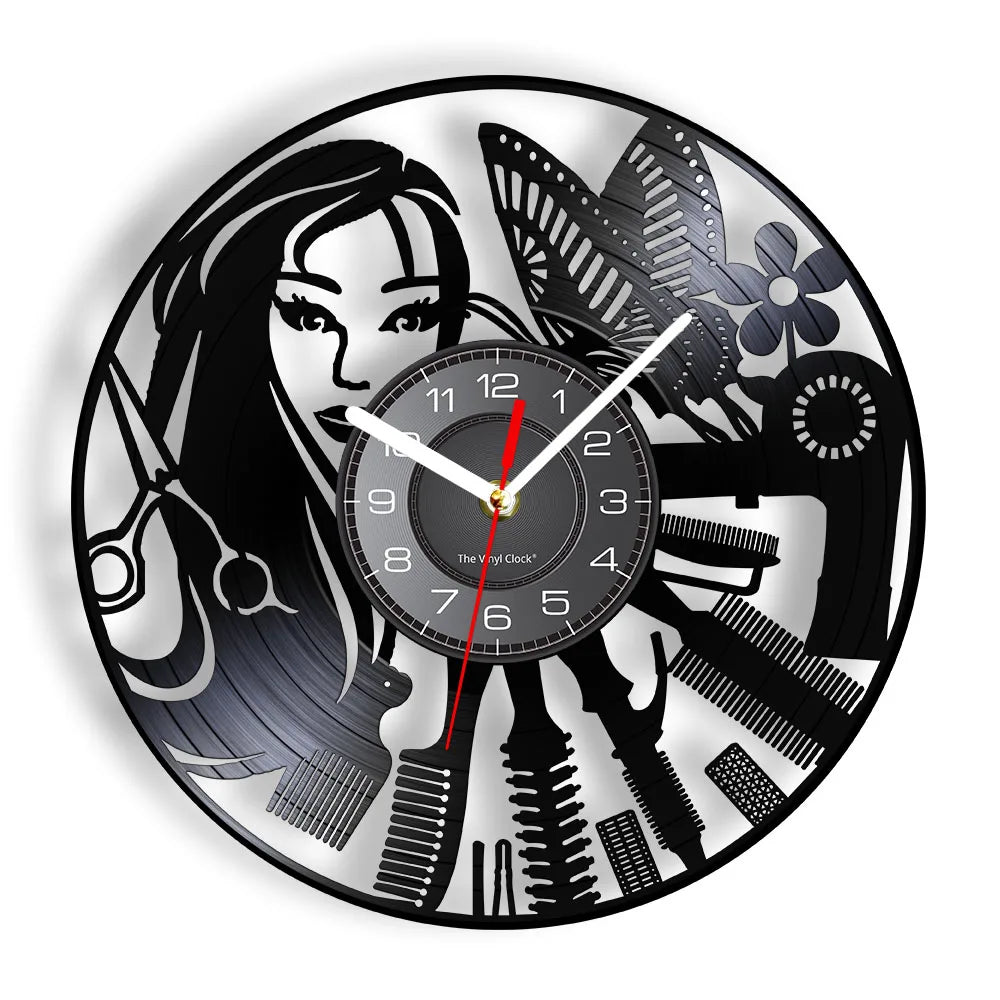 Horloge Murale RétroVinyle Noir Coiffure Stylistes