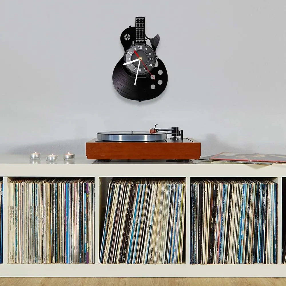 Horloge Murale LED Design  Vinyle Guitare Noire
