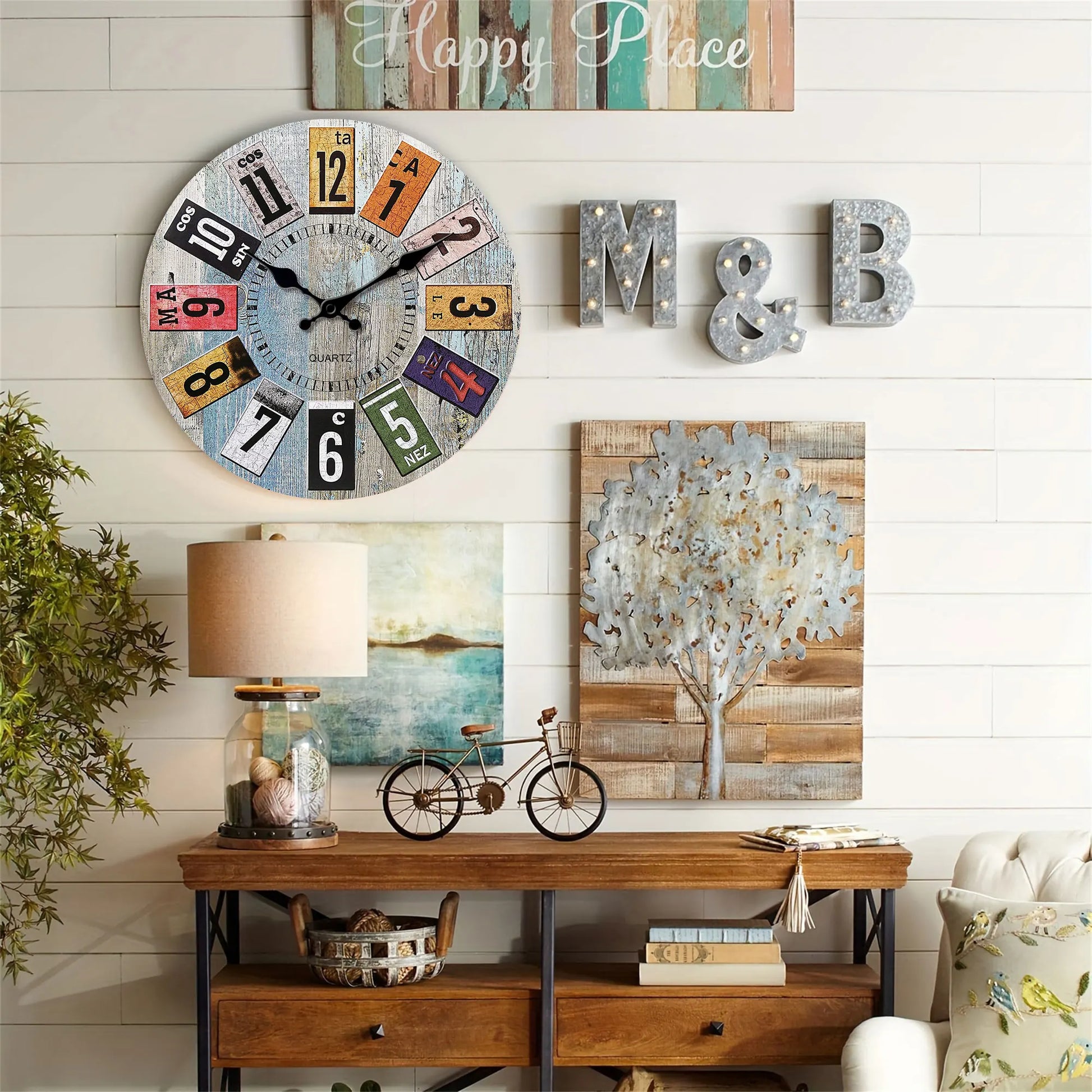 Horloge Murale Scandinave  Bois Bleu Chiffres Colorés