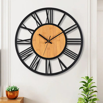 Horloge Murale VintageStructure Ronde en Bois et Métal Silencieuse