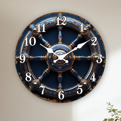 Horloge Murale Design  Roue de Navire Or et Bleu