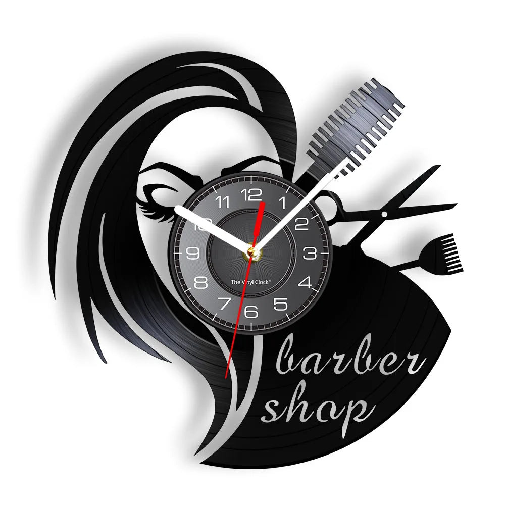Horloge Murale RétroVinyle Noir Coiffure Stylistes