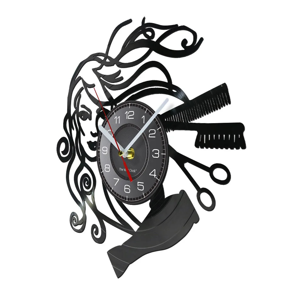 Horloge Murale RétroVinyle Noir Coiffure Stylistes