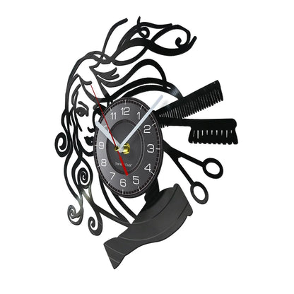 Horloge Murale RétroVinyle Noir Coiffure Stylistes