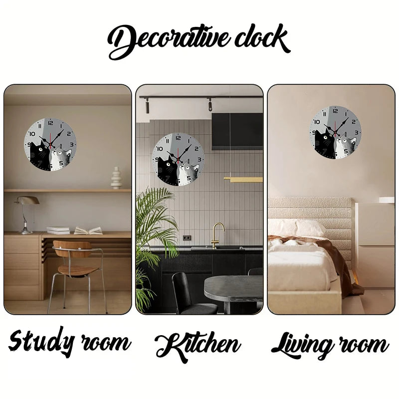 Horloge Murale SilencieuseChats Noir Et Blanc En Bois