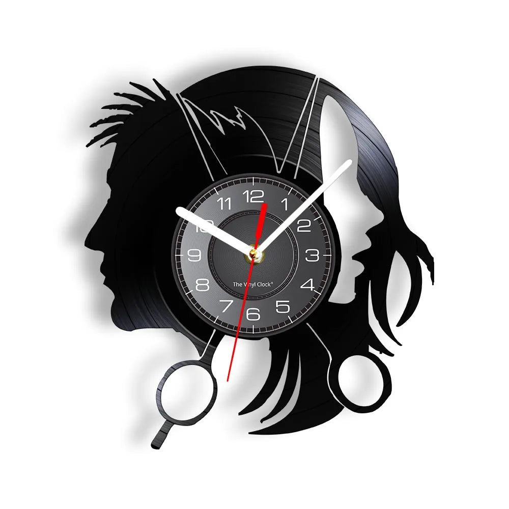 Horloge Murale RétroVinyle Noir Coiffure Stylistes
