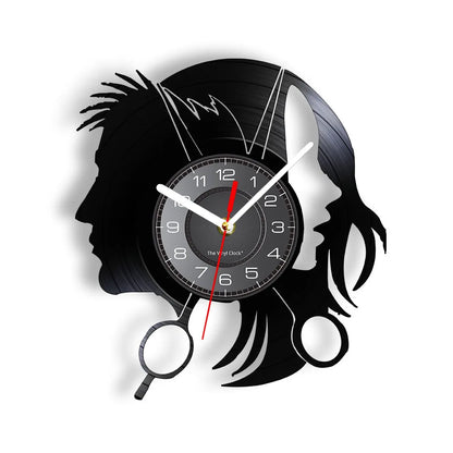 Horloge Murale RétroVinyle Noir Coiffure Stylistes