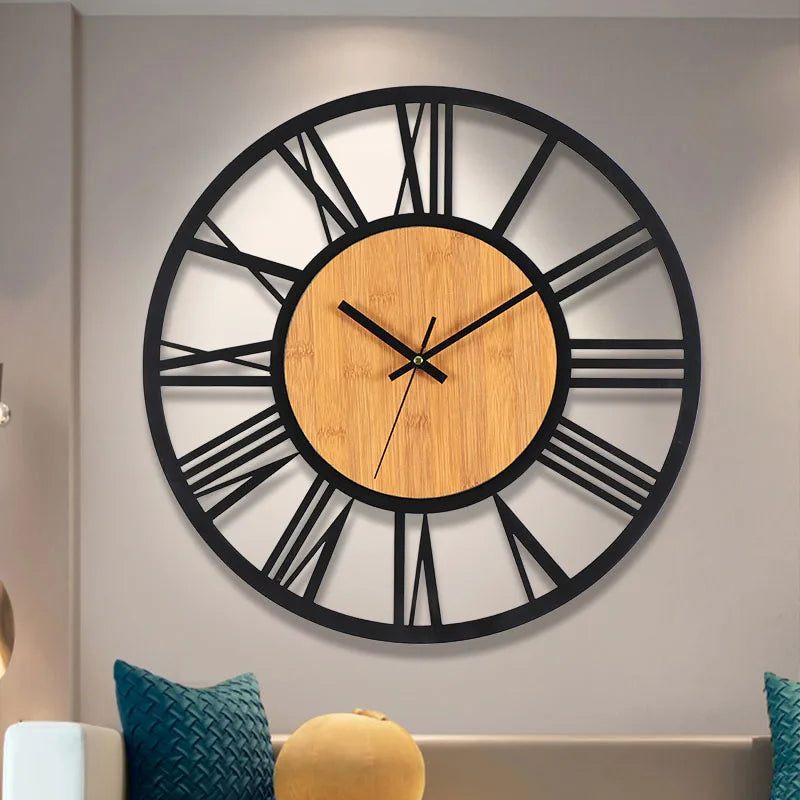Horloge Murale VintageStructure Ronde en Bois et Métal Silencieuse