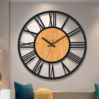 Horloge Murale VintageStructure Ronde en Bois et Métal Silencieuse