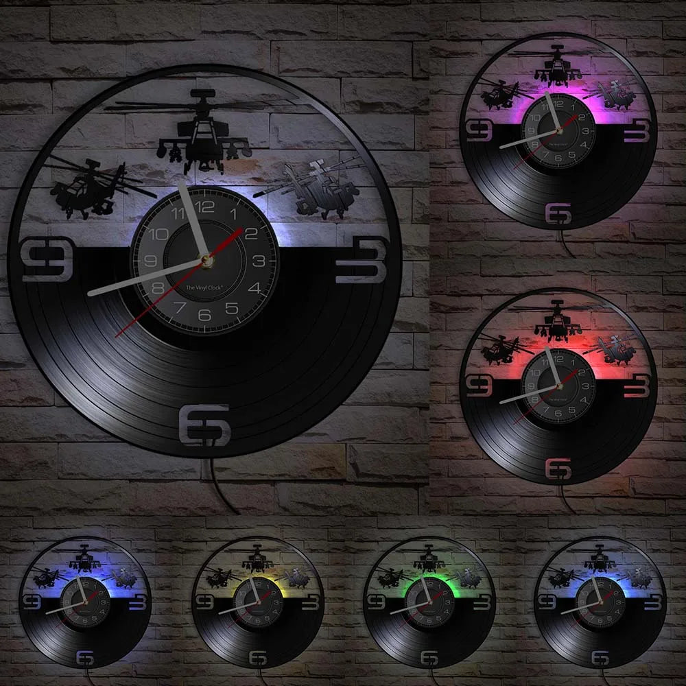 Horloge Murale LED Design  Hélicoptère 3D Vinyle Noir