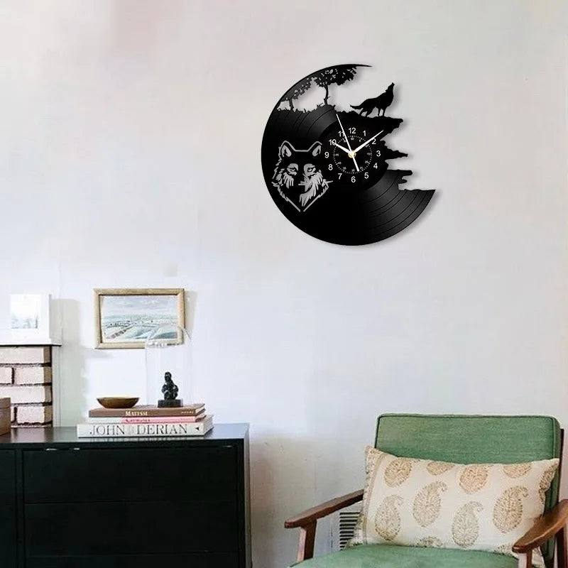 Horloge Murale Design  Loup Rugissant Vinyle Noir Art Déco
