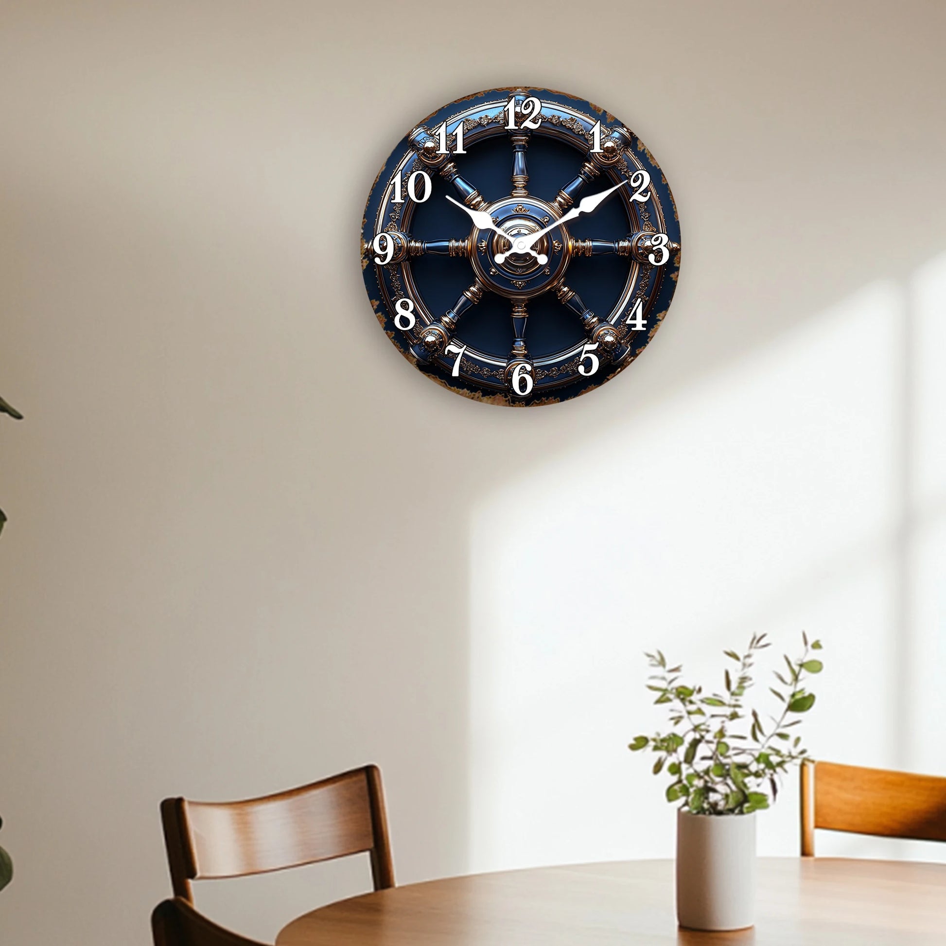 Horloge Murale Design  Roue de Navire Or et Bleu