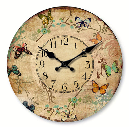 Horloge Murale Rétro en Bois  Fleurs et Papillons Colorés