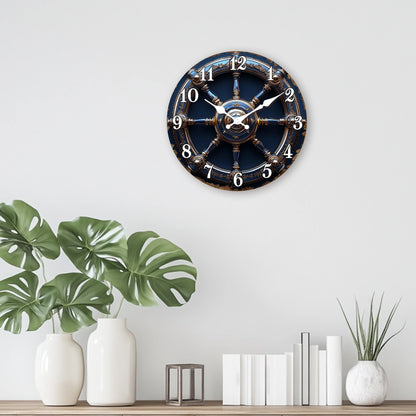 Horloge Murale Design  Roue de Navire Or et Bleu