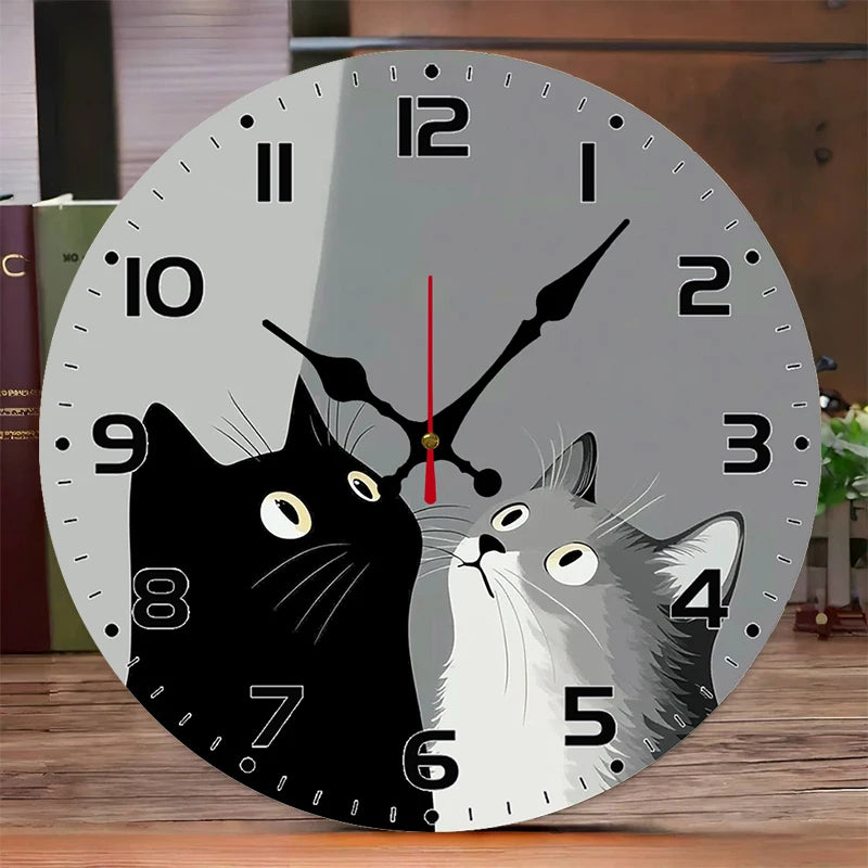 Horloge Murale SilencieuseChats Noir Et Blanc En Bois