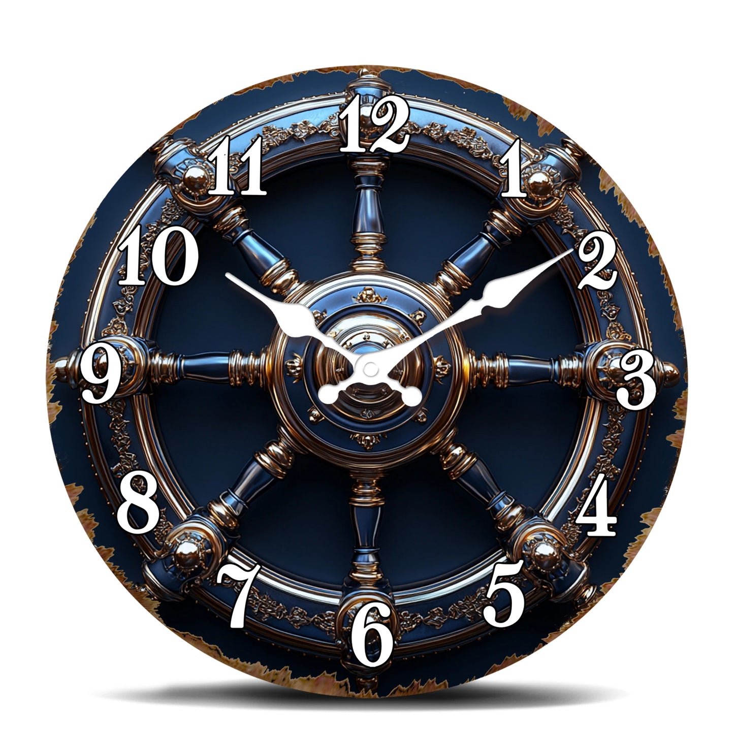 Horloge Murale Design  Roue de Navire Or et Bleu