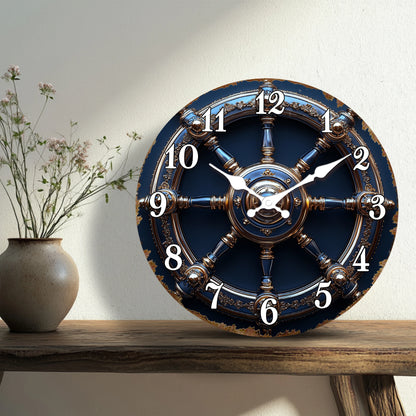 Horloge Murale Design  Roue de Navire Or et Bleu