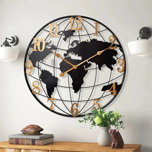 Grande Horloge Murale  Carte du Monde Métal 60cm