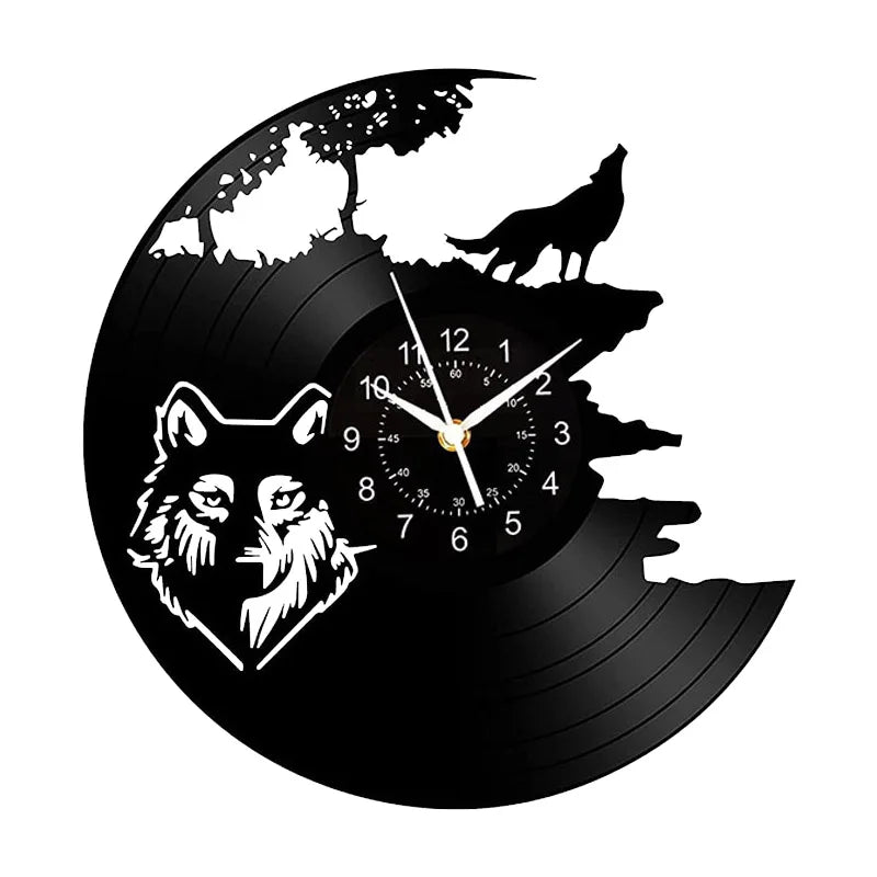 Horloge Murale Design  Loup Rugissant Vinyle Noir Art Déco
