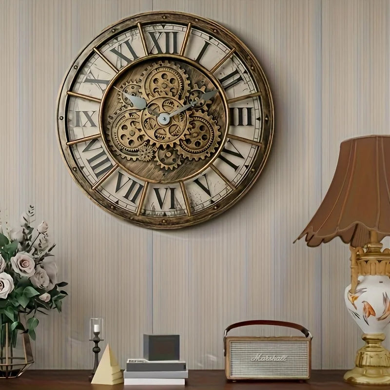 Horloge Murale IndustrielleEngrenages Réels et Chiffres Romains