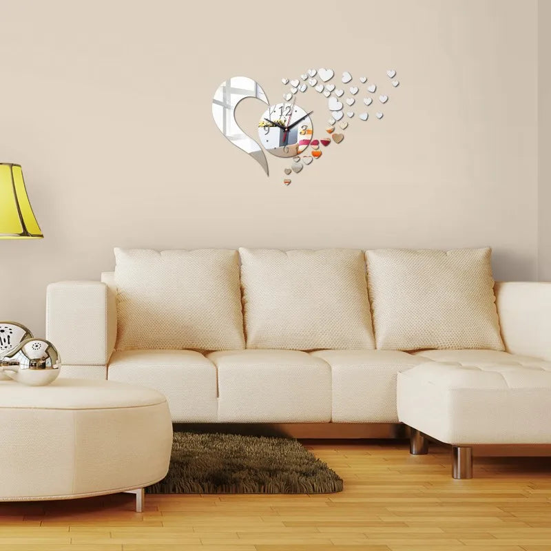 Horloge Coeur  Acrylique Miroir Sans Cadre Design Unique