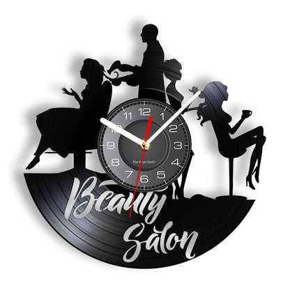 Horloge Murale RétroVinyle Noir Coiffure Stylistes