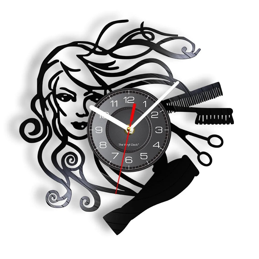 Horloge Murale RétroVinyle Noir Coiffure Stylistes