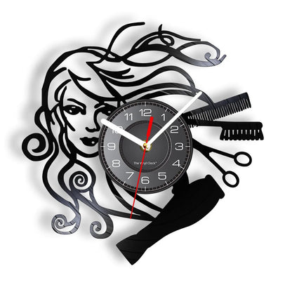 Horloge Murale RétroVinyle Noir Coiffure Stylistes