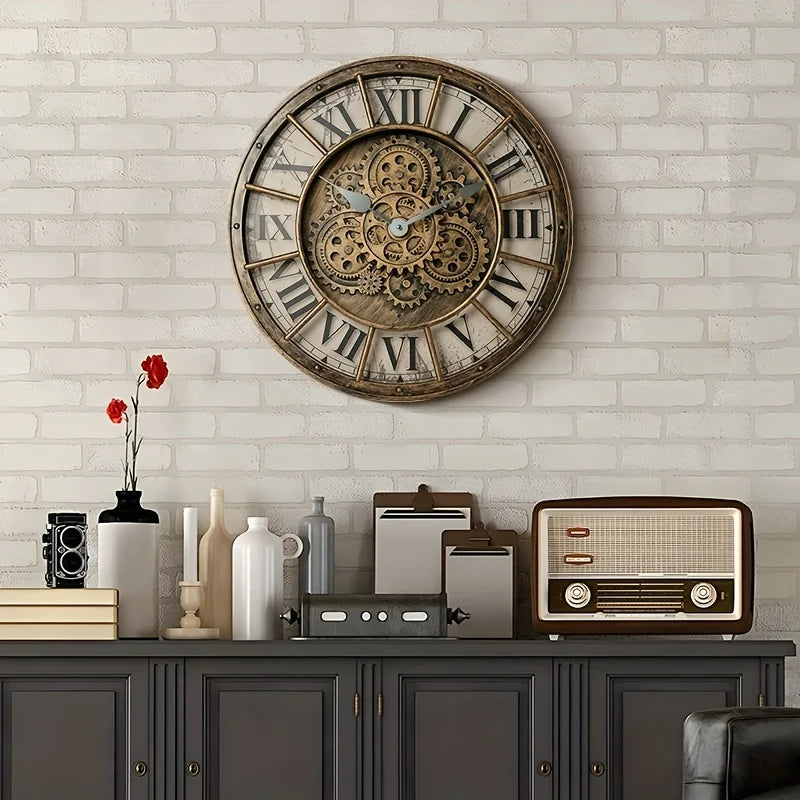 Horloge Murale IndustrielleEngrenages Réels et Chiffres Romains