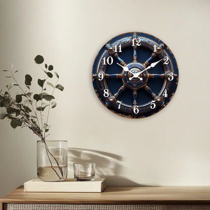 Horloge Murale Design  Roue de Navire Or et Bleu