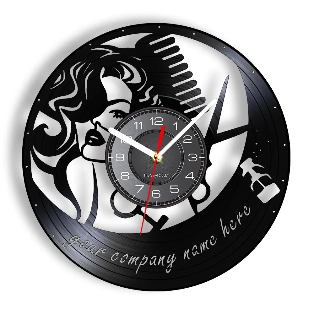Horloge Murale RétroVinyle Noir Coiffure Stylistes