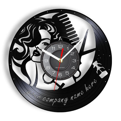 Horloge Murale RétroVinyle Noir Coiffure Stylistes