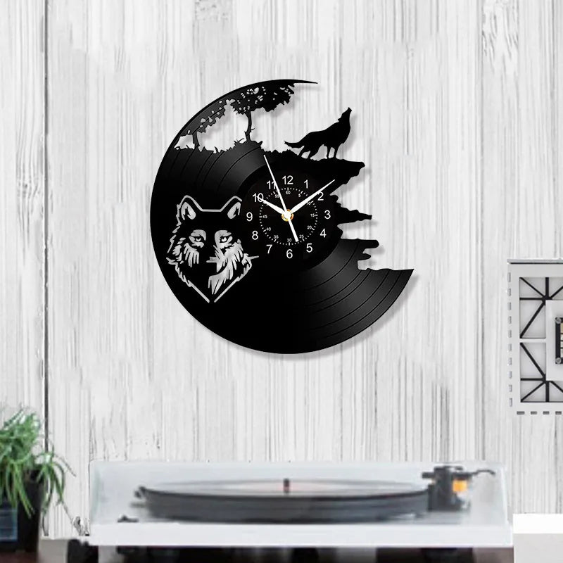 Horloge Murale Design  Loup Rugissant Vinyle Noir Art Déco