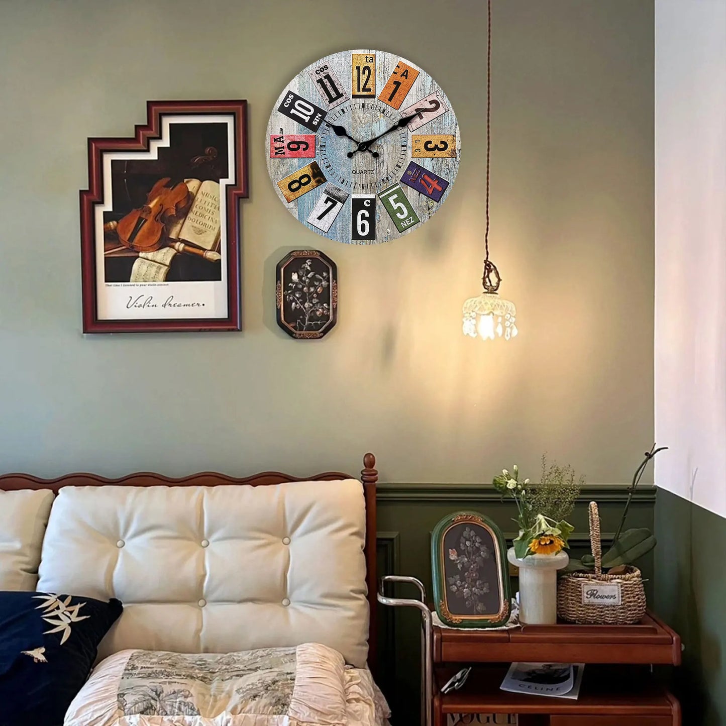 Horloge Murale Scandinave  Bois Bleu Chiffres Colorés