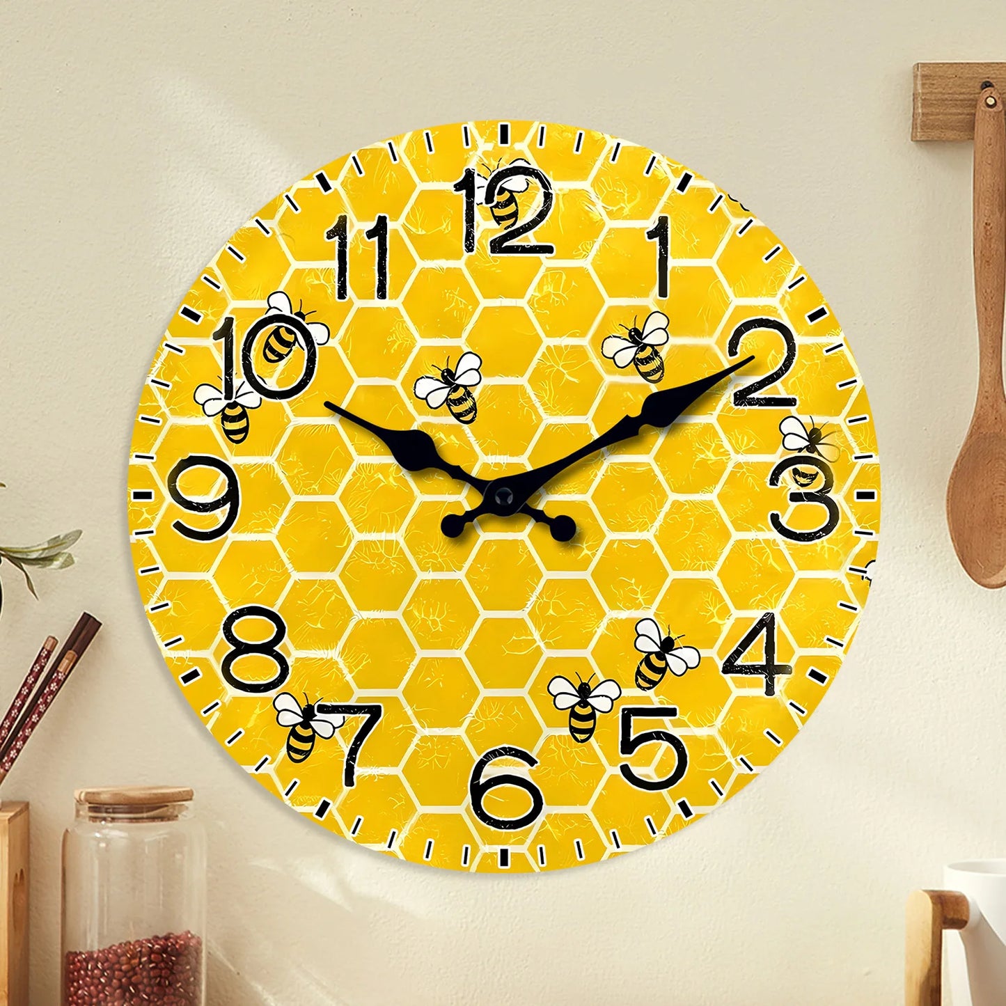 Horloge Murale Bois  Nid d'Abeille et Abeilles