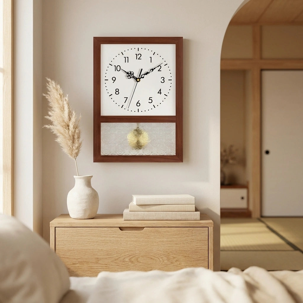 Horloge bois style retro japonais - vue au-dessus buffet salon