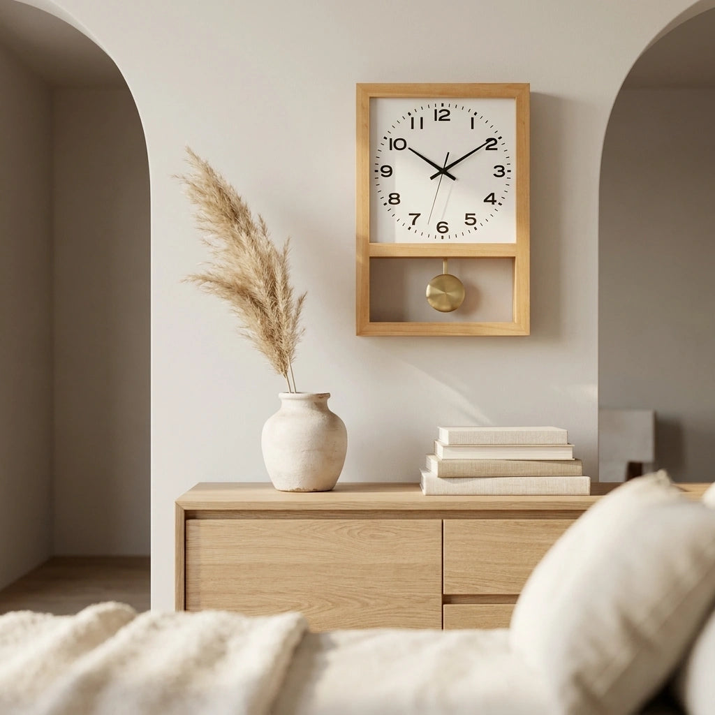 Horloge bois style retro japonais - vue buffet lumiere naturelle 2