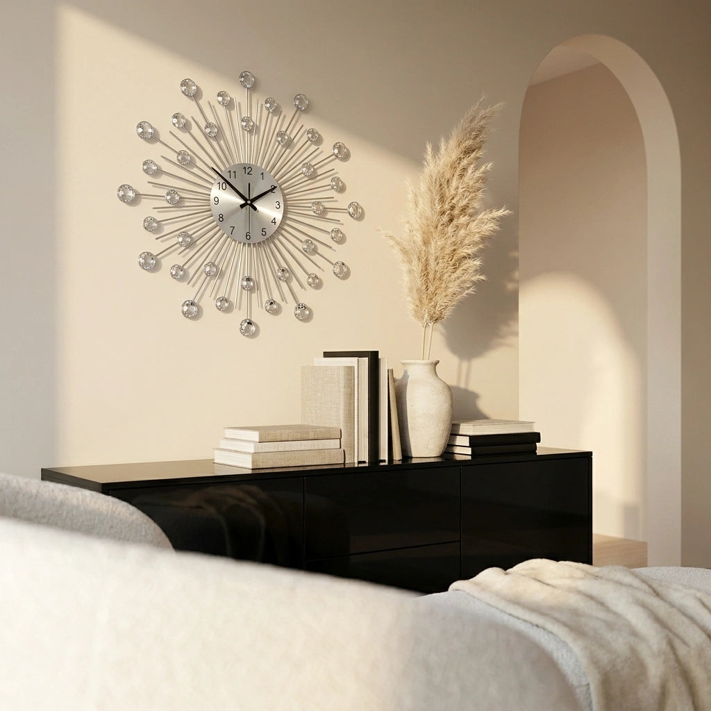 Horloge murale metal brosse diamants - vue au-dessus buffet