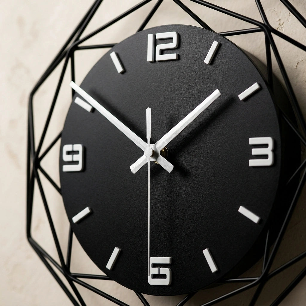 Horloge pendule murale polygones - detail cadran aiguilles polygones