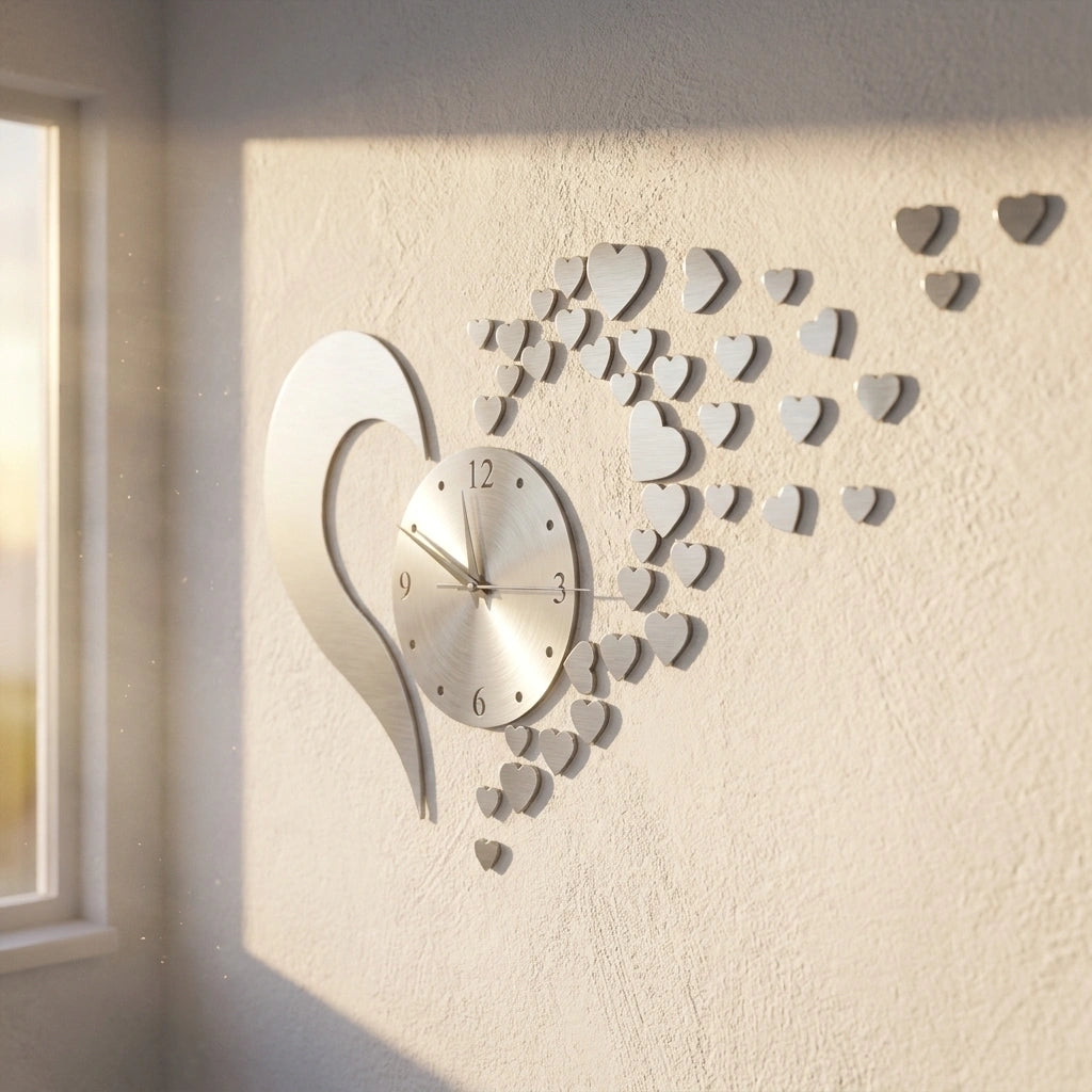 Horloge coeur acrylique miroir - vue sur mur blanc platre