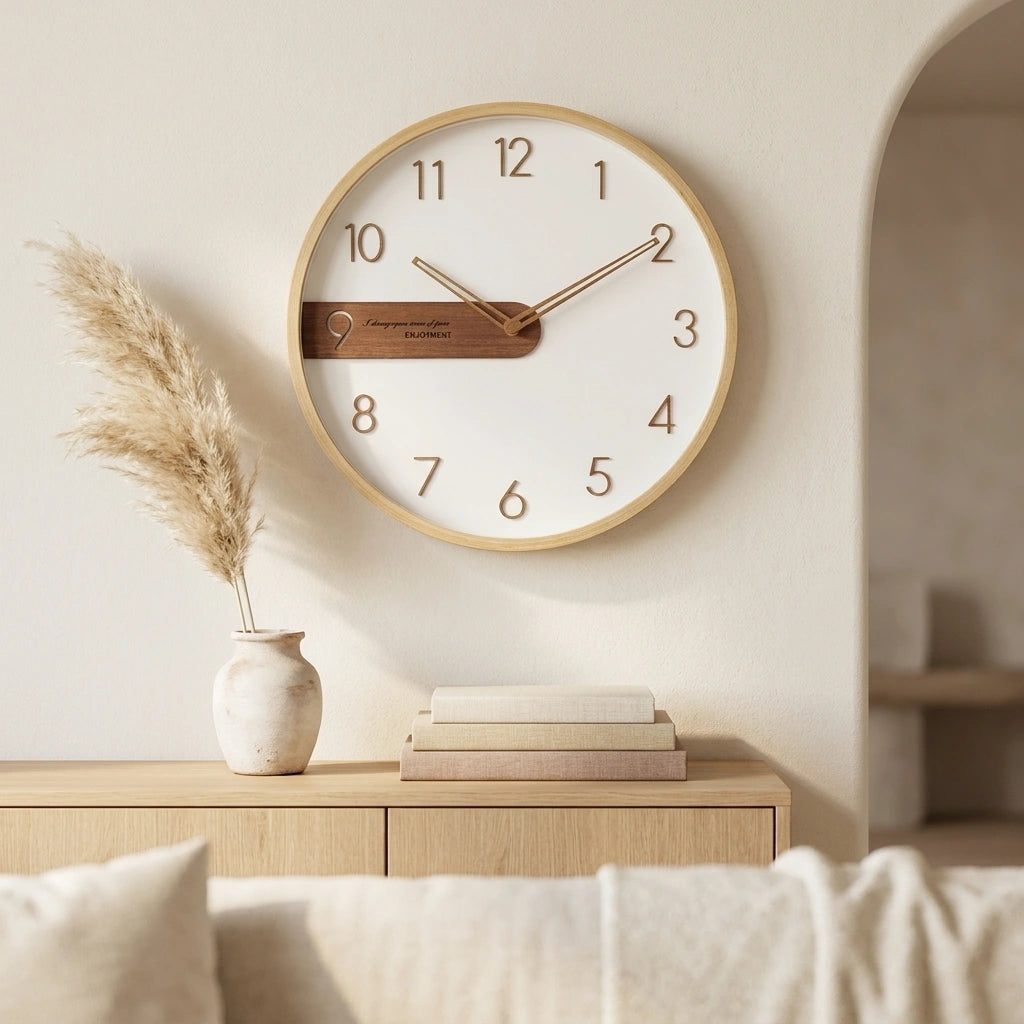 Horloge murale moderne bois creative - vue sur buffet salon