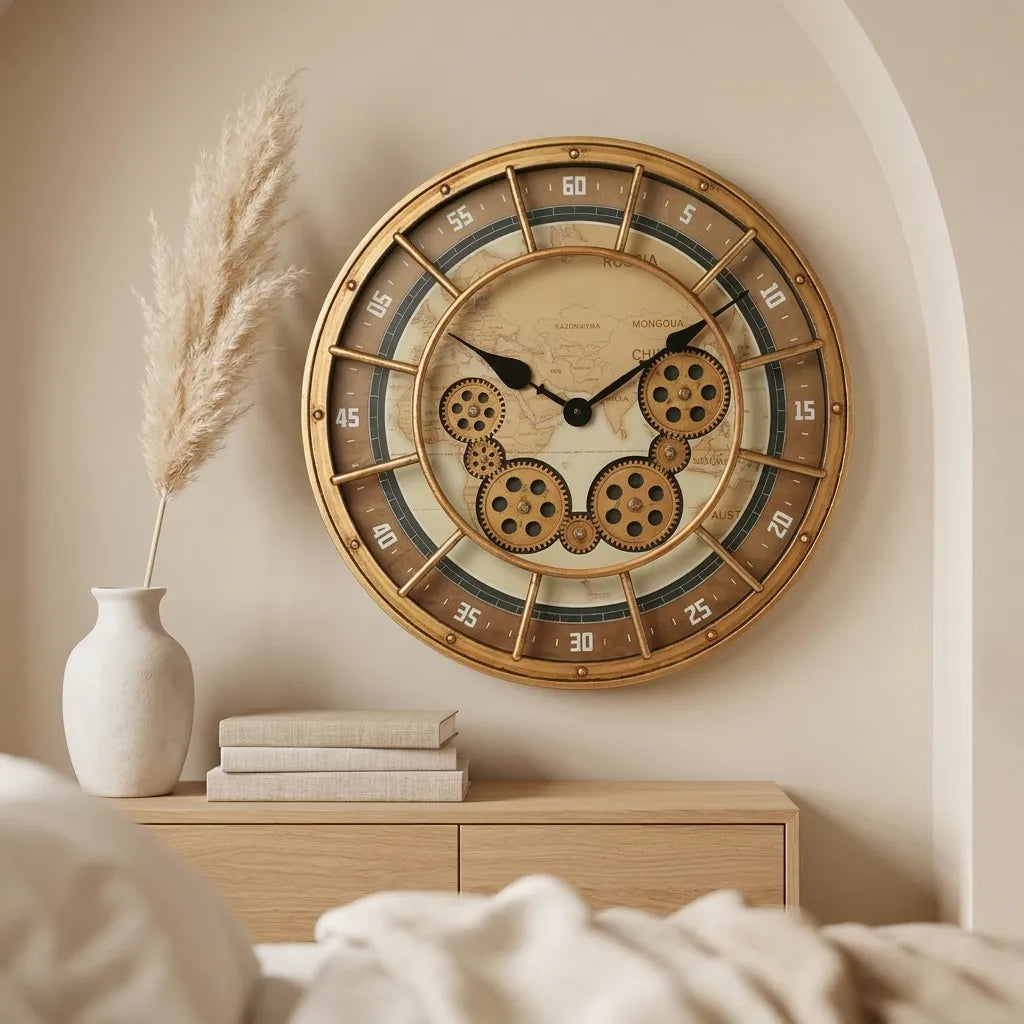 Horloge murale industrielle engrenages - vue sur buffet style loft