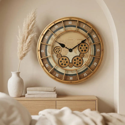 Horloge murale industrielle engrenages - vue sur buffet style loft