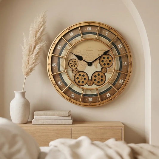 Horloge murale industrielle engrenages - vue sur buffet style loft