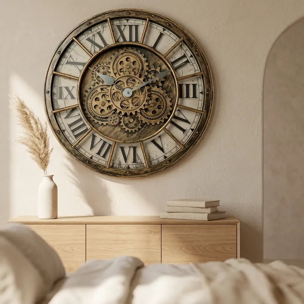 Horloge murale industrielle engrenages - vue buffet angle industriel