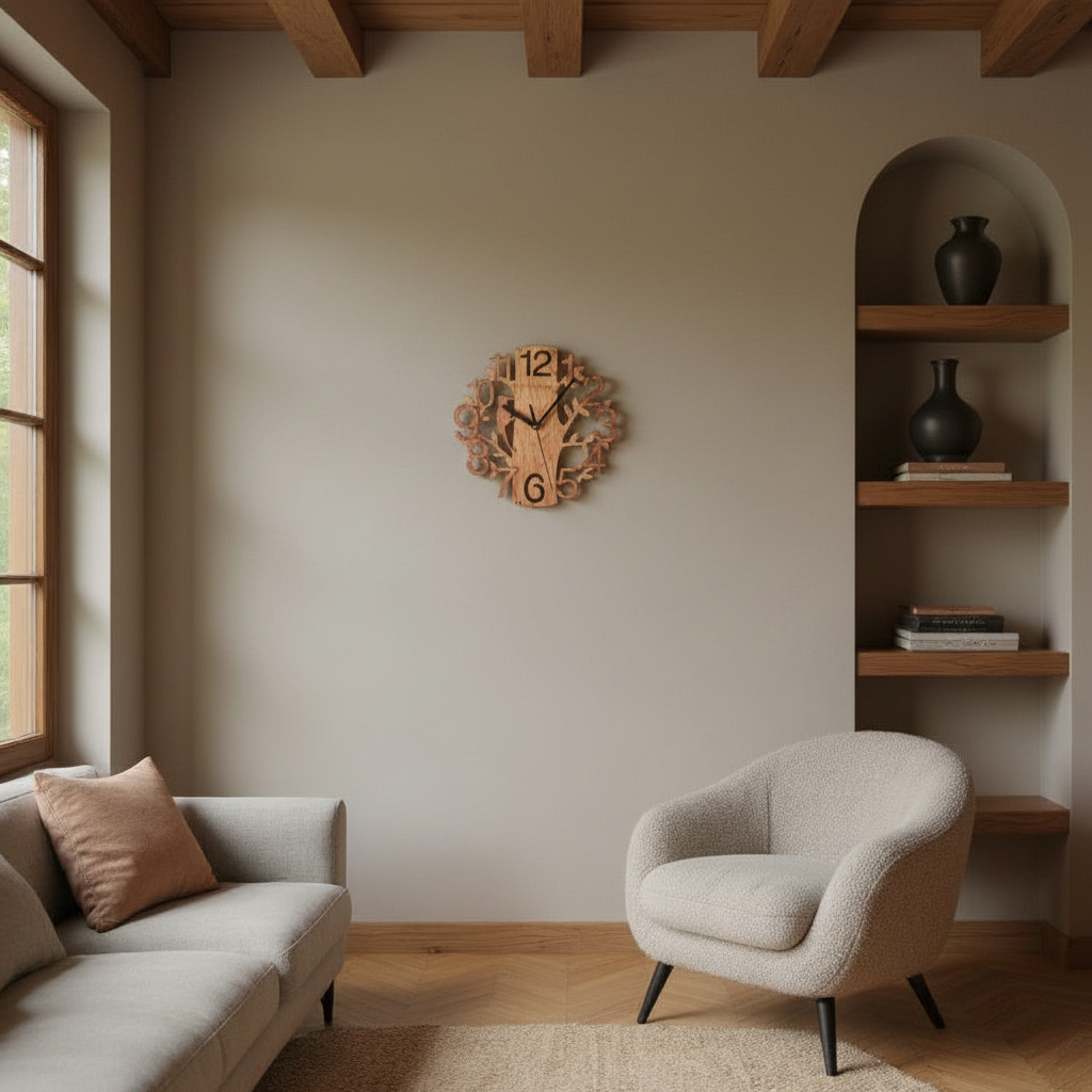 Horloge Bois Motif Oiseau — mise en situation