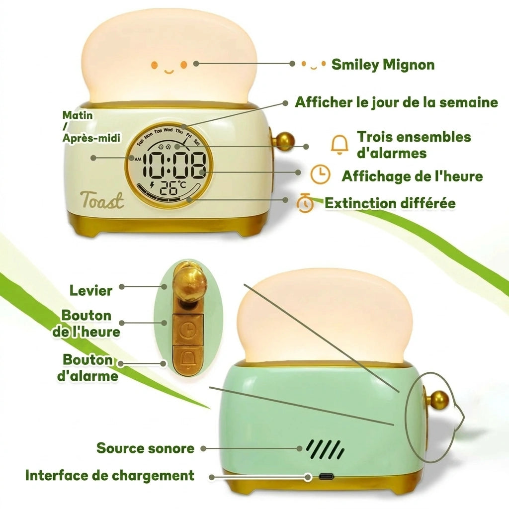 Horloge enfant grille pain - descriptif fonctions en francais